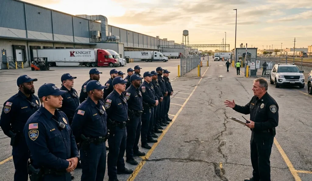 Security guard team briefing at a large industrial facility in the United States before starting patrol operations