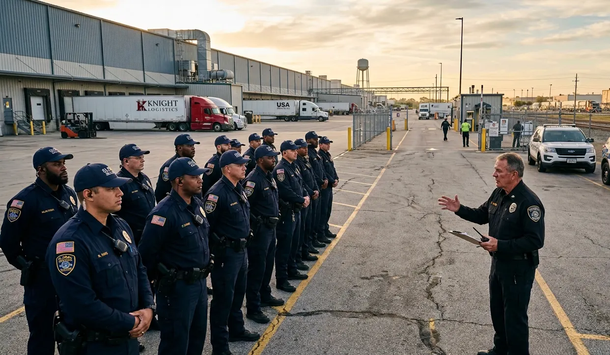 Security guard team briefing at a large industrial facility in the United States before starting patrol operations