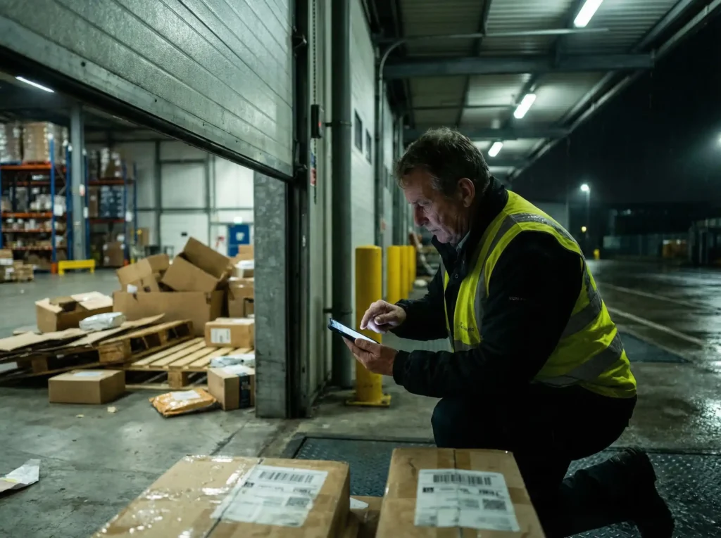 security guard documenting warehouse incident using mobile patrol reporting system