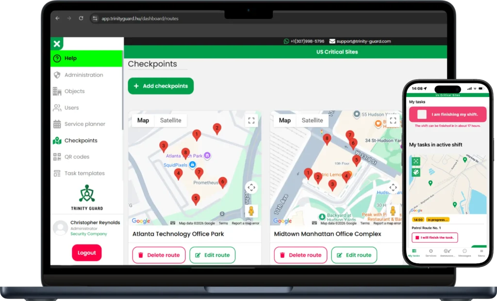 Security patrol route history dashboard with GPS checkpoints and mobile guard tracking app interface