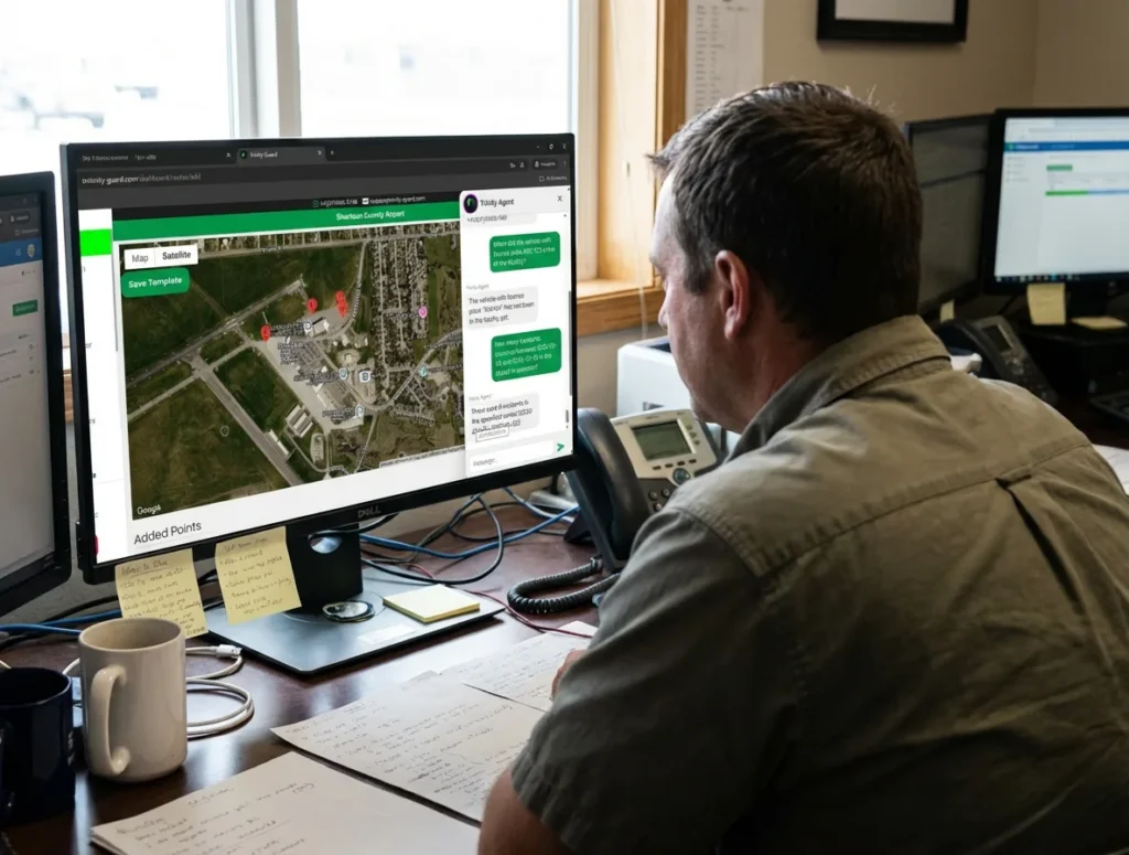 Security supervisor reviewing a patrol route history report on a desktop monitor in an office