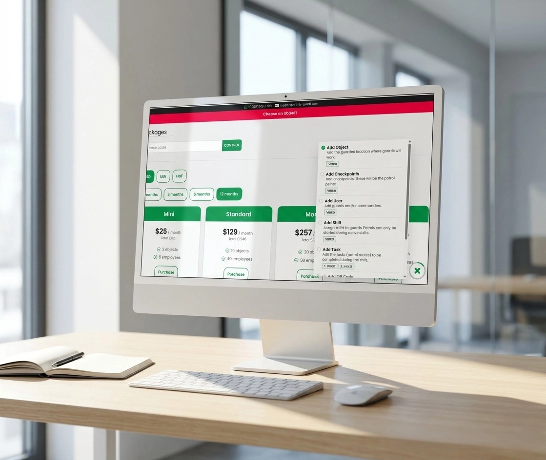 Self-service guard tour system interface showing visual onboarding flow, checkpoint setup, user creation, shift assignment and live patrol launch