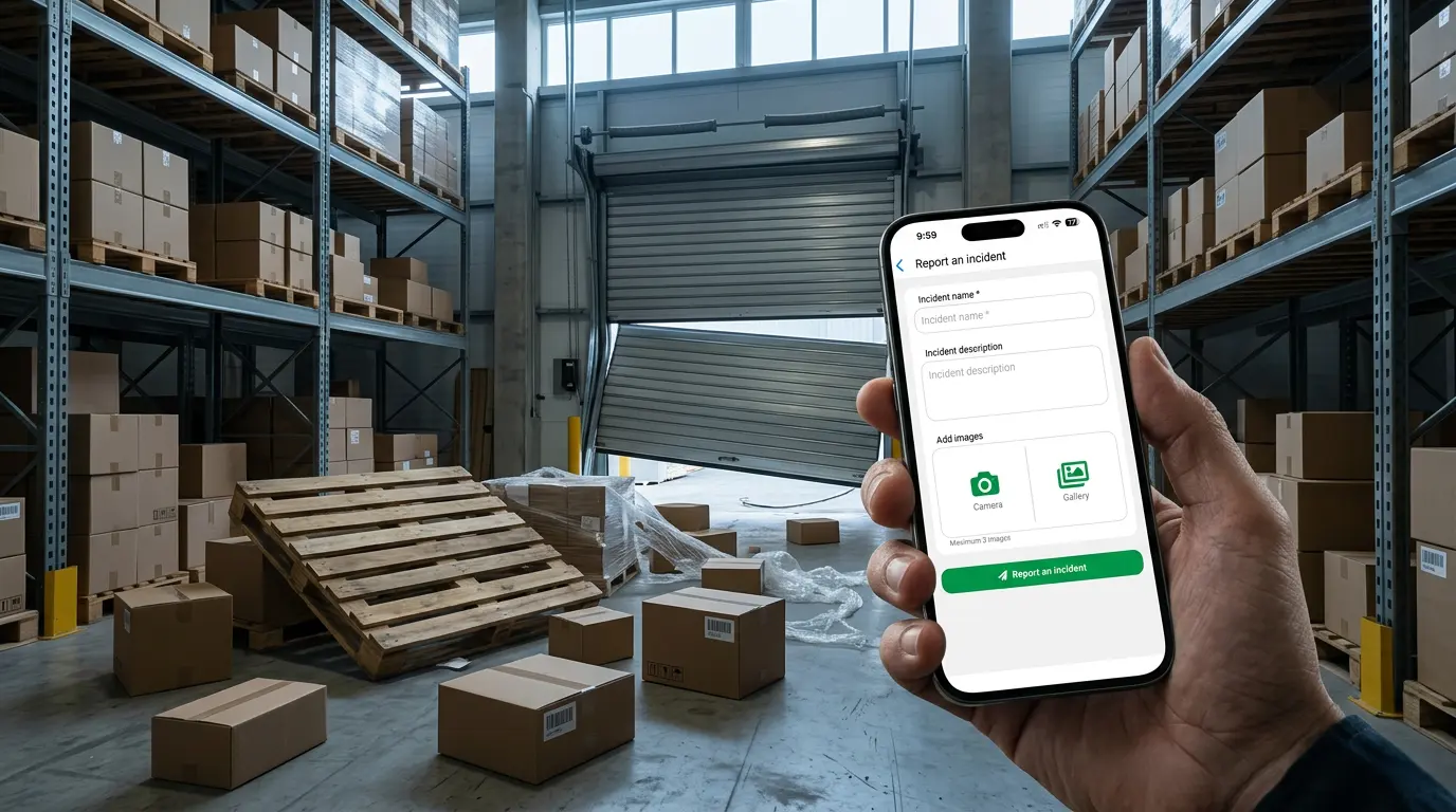 Security guard reporting a warehouse incident using a mobile patrol app while inspecting scattered boxes and a damaged loading door.