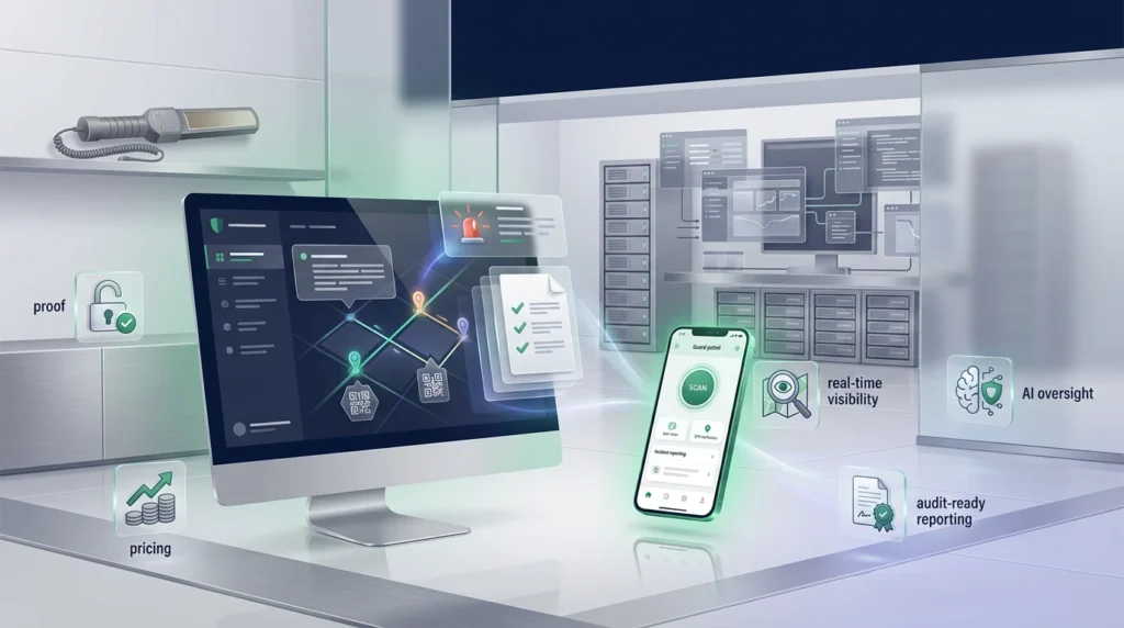 Modern guard tour software dashboard with mobile patrol app, GPS and QR checkpoint verification, pricing clarity, AI oversight, and audit-ready reporting