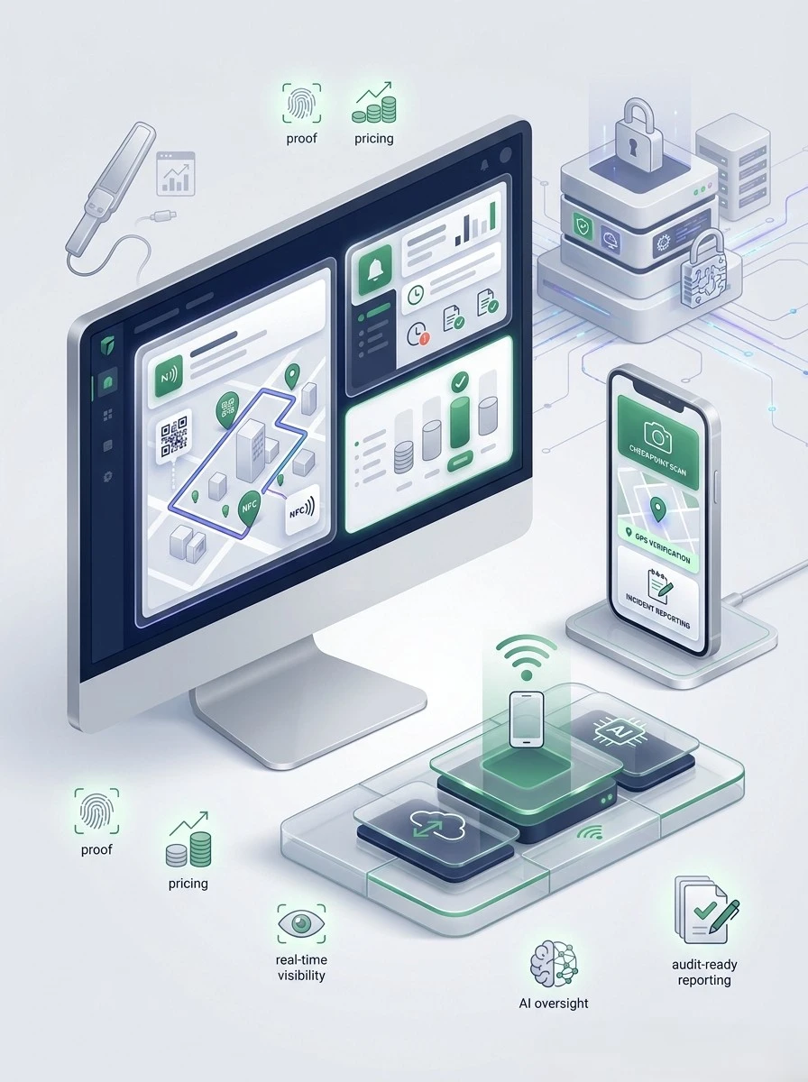 Modern guard tour software comparison dashboard showing mobile patrol verification, GPS and QR checkpoints, pricing clarity, AI oversight, and audit-ready security reports