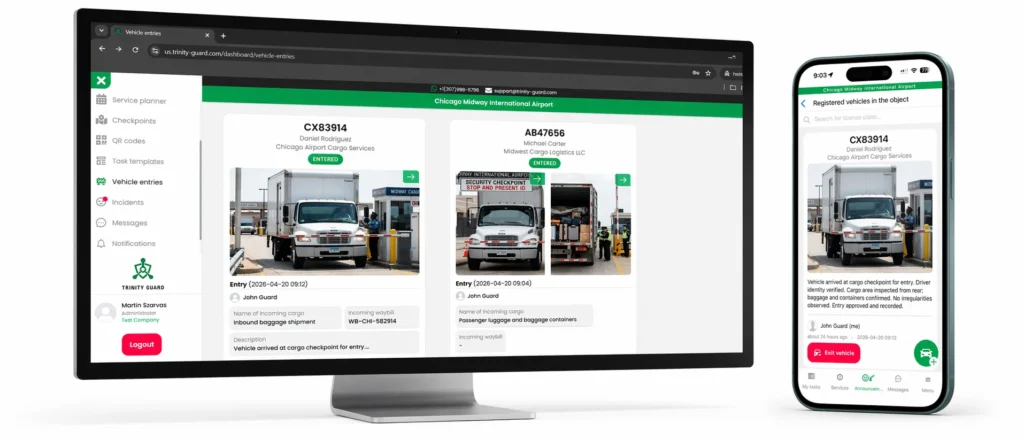 Guard tour system vehicle entry log with real-time security patrol verification, cargo tracking, and mobile guard app interface displayed on desktop and smartphone