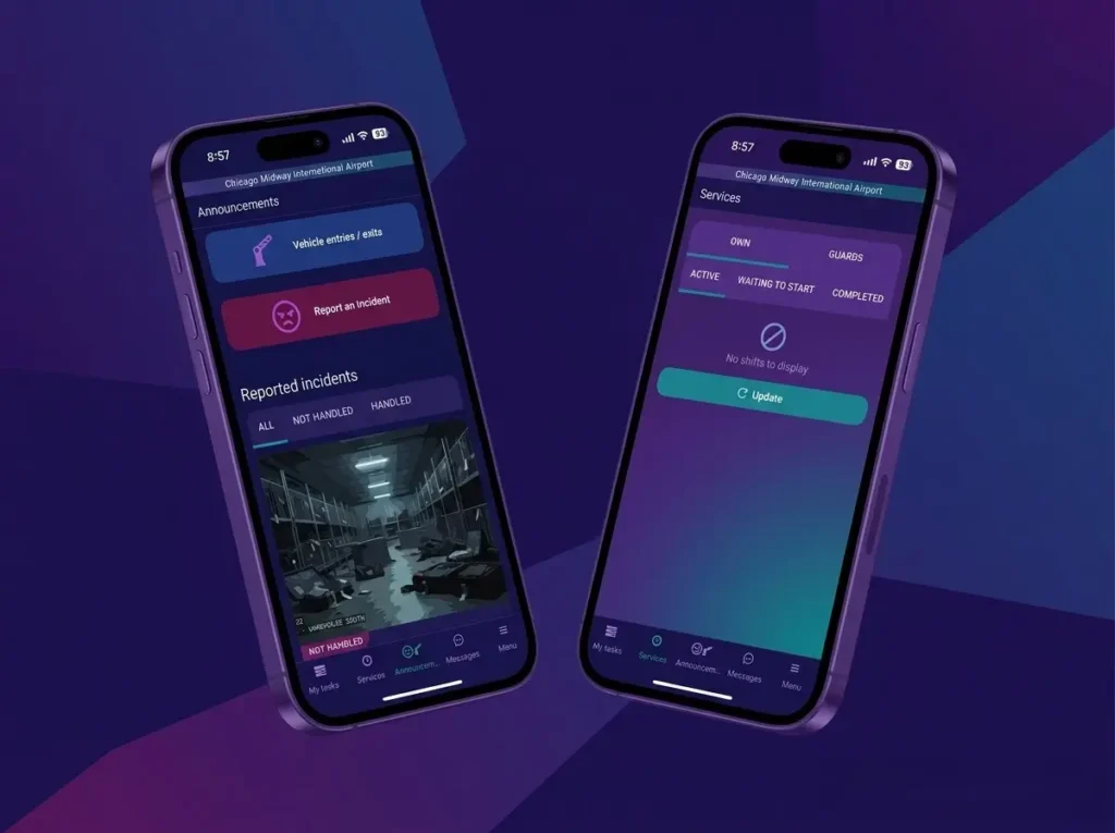 guard tour system mobile app interface showing vehicle entry, incident reporting and patrol monitoring in 3D purple mockup
