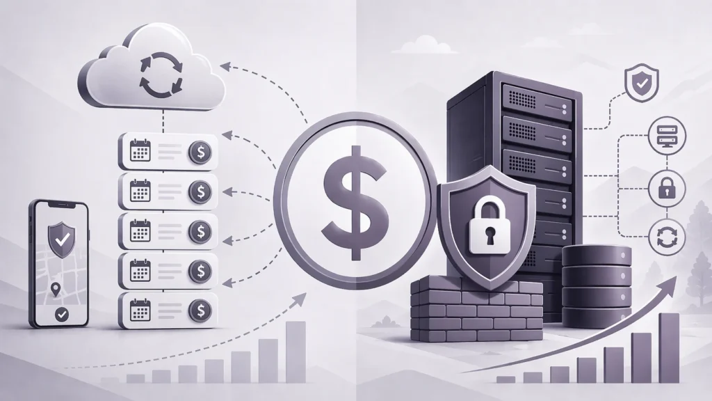Comparison of SaaS guard tour system costs versus self-hosted security infrastructure showing 5-year ROI, data control, and enterprise security deployment benefits