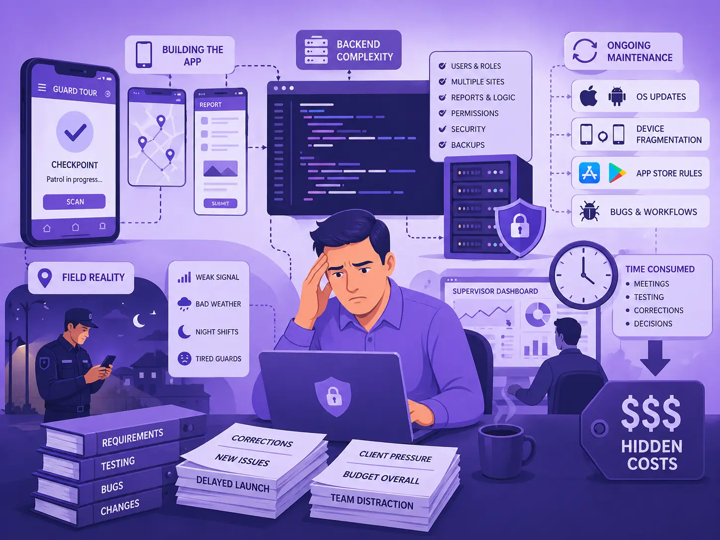 Hidden cost of building a guard tour app in-house showing backend complexity, mobile app issues, updates, and operational challenges
