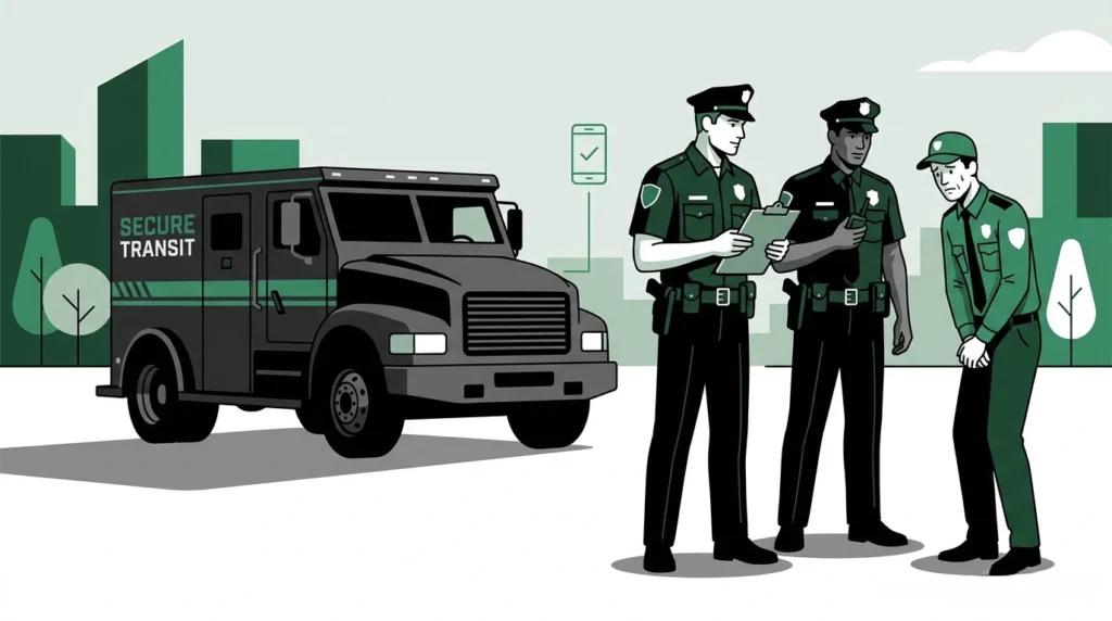 Security shift start verification scene with police intervention and armored vehicle.