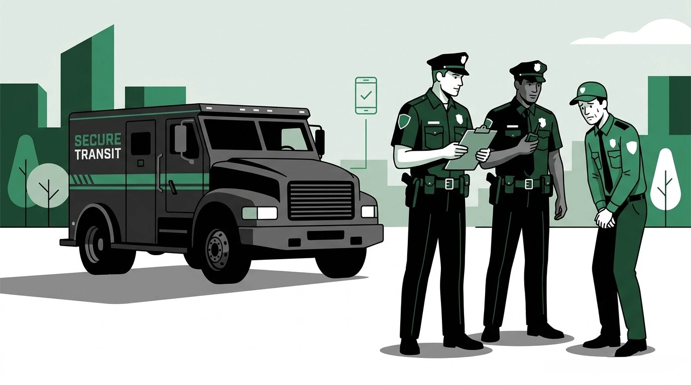 Police officers intervening with a security guard beside an armored vehicle, illustrating why phone-based shift check-ins are not real security verification.