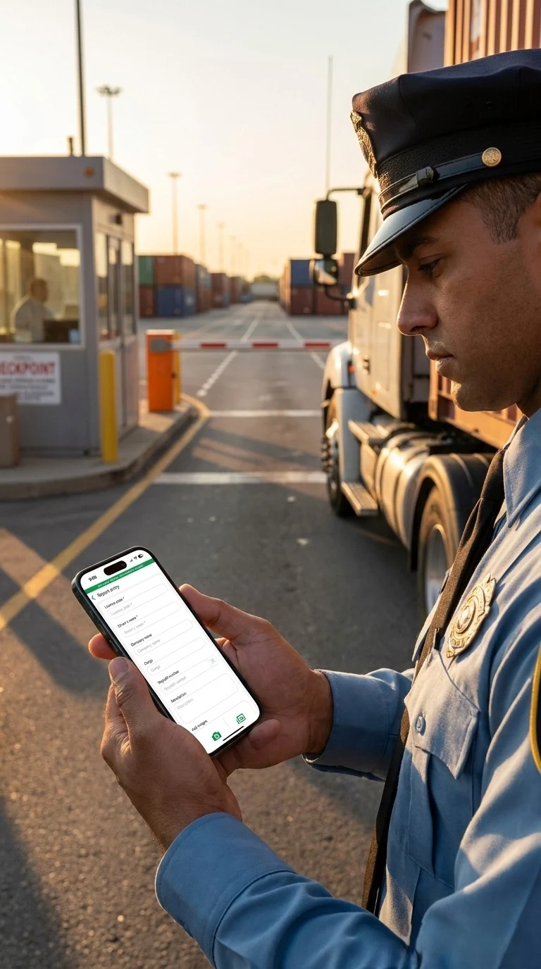 U.S. security guard using a vehicle entry logging app at a cargo checkpoint next to a truck