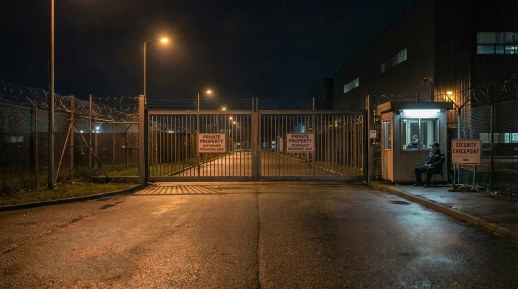Industrial security checkpoint at night showing controlled access, audit trail visibility, and verified patrol accountability