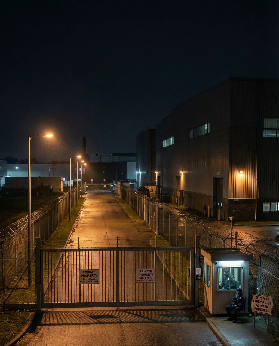 Industrial security checkpoint at night illustrating audit trail, controlled access, and verified patrol accountability