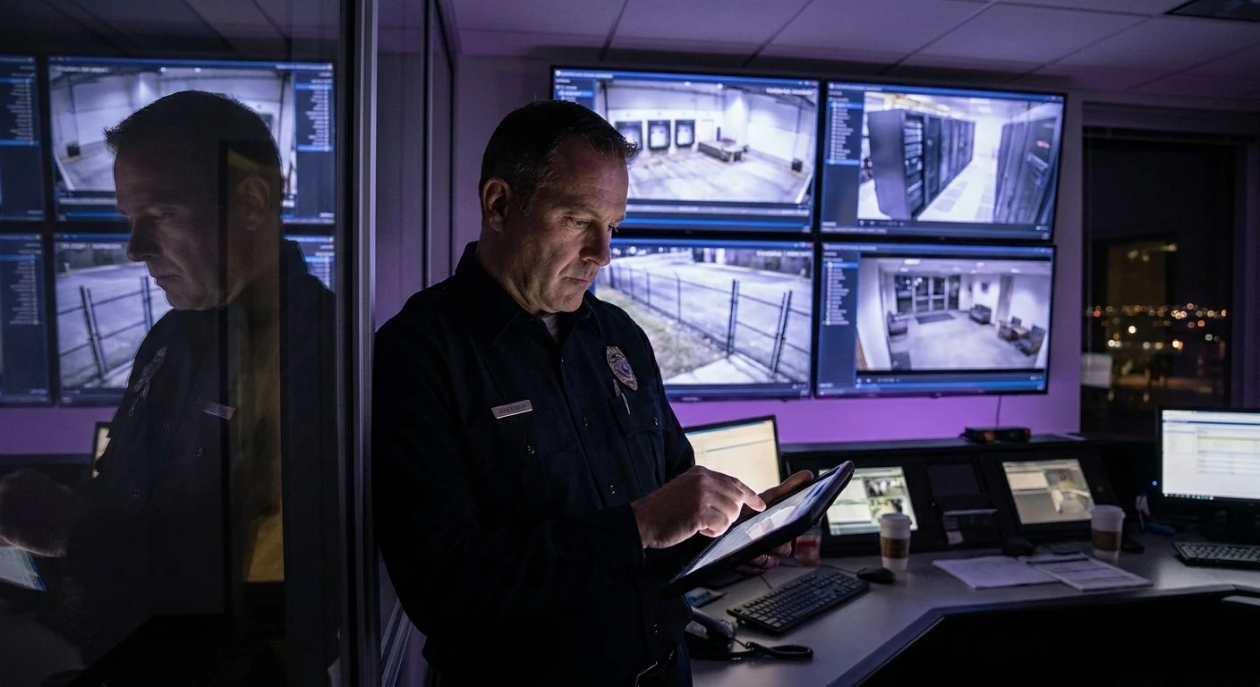 Security supervisor using a tablet in a control room with multiple surveillance monitors, representing a self-hosted guard tour system for enterprise security operations