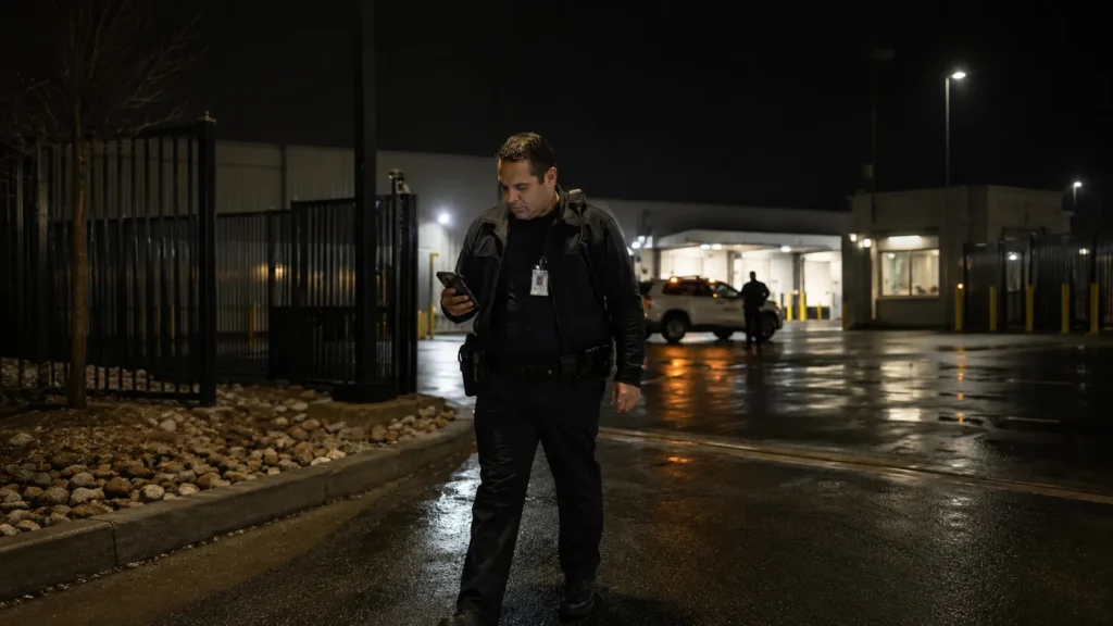 Security guard using a smartphone during a night patrol at an industrial site with Digital Guard Tour patrol verification