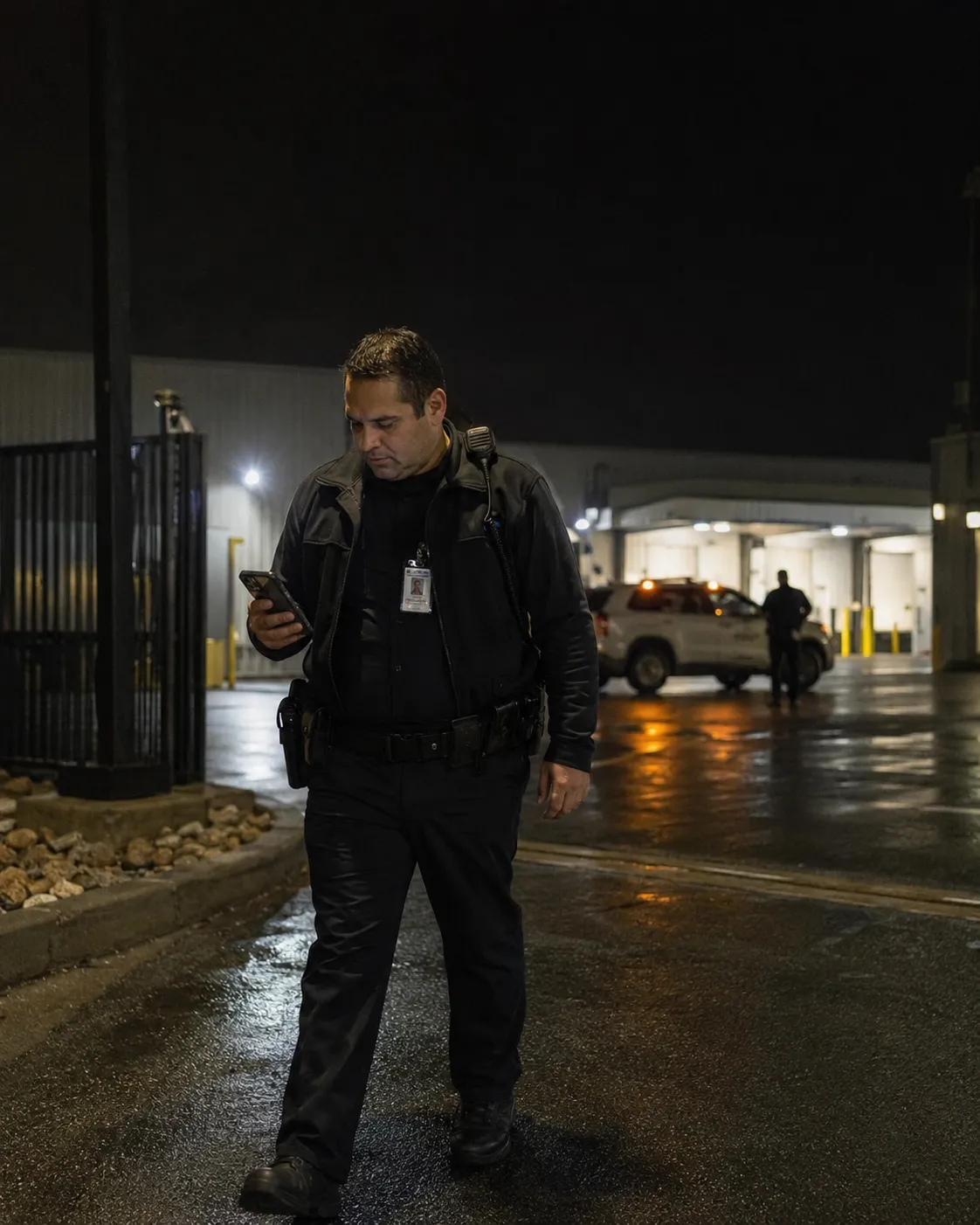 Security guard using a smartphone during a night patrol at an industrial site with Digital Guard Tour patrol verification