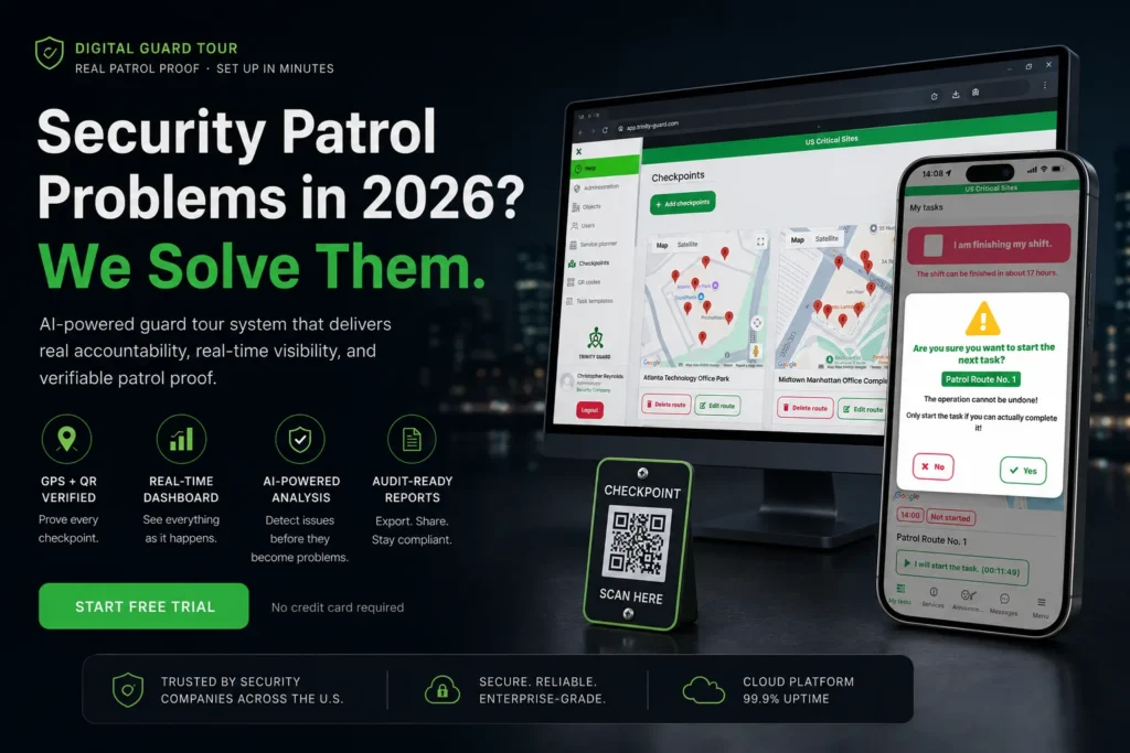 AI-powered guard tour system showing a security patrol dashboard, mobile guard app, QR checkpoint verification, and real-time patrol proof for modern U.S. security operations.