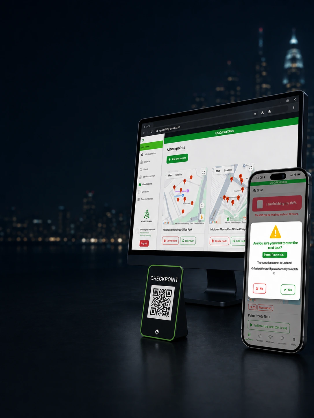 AI-powered guard tour system showing a security patrol dashboard, mobile guard app, QR checkpoint verification, and real-time patrol proof for modern U.S. security operations.