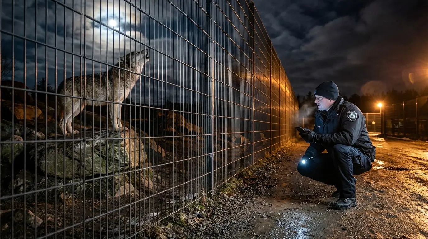 Security guard performing a night patrol inspection outside a wolf enclosure in a wildlife park