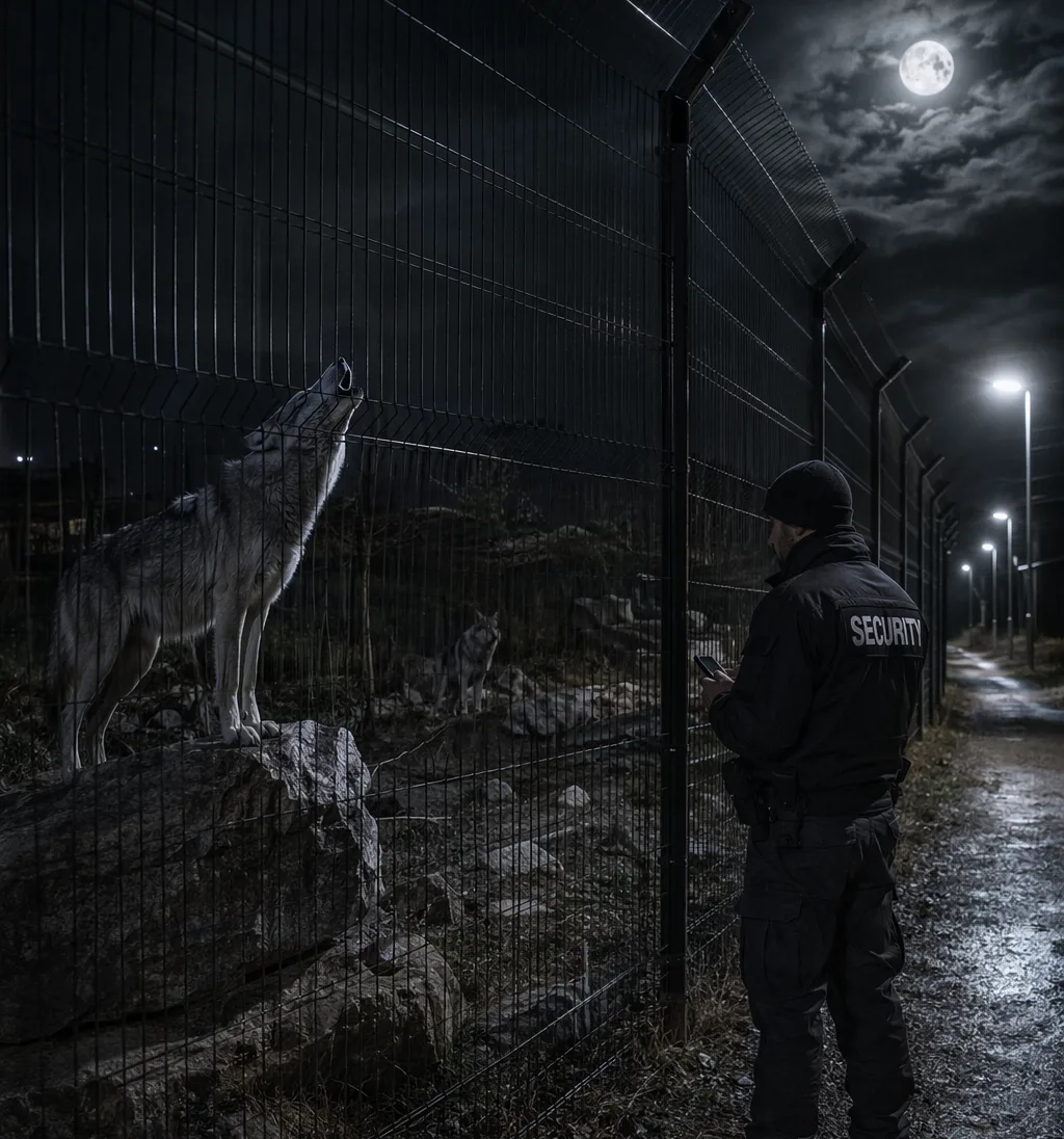 Guard tour system night check at a wolf enclosure with security guard and patrol device