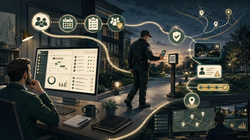 Hand-drawn vector-style illustration showing a security operations dashboard connected to a guard scanning a QR checkpoint, GPS route markers, incident evidence and supervisor patrol verification for a Connecteam vs Digital Guard Tour comparison article.