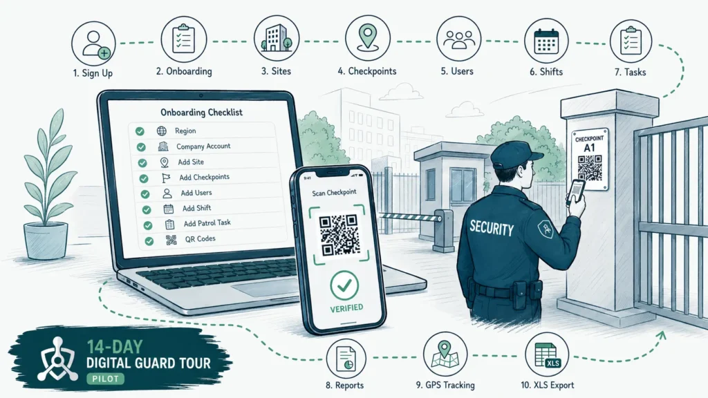 Hand-drawn 16:9 illustration showing the Digital Guard Tour 14-day pilot workflow, including sign up, onboarding, site setup, checkpoints, users, shifts, tasks, reports, GPS tracking, XLS export, and a guard scanning a QR checkpoint.