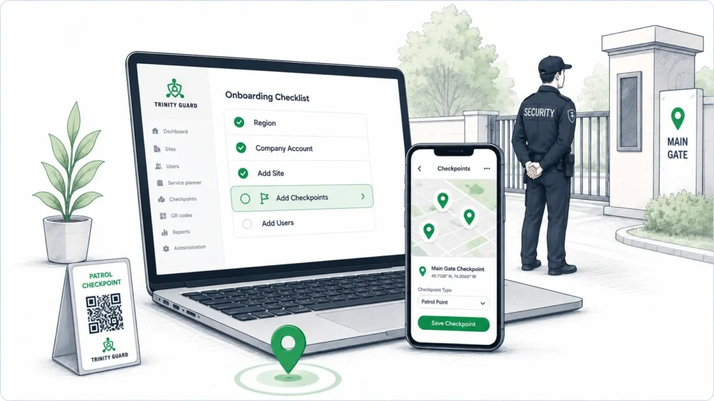 How to add checkpoints in Trinity Guard® setup guide blog hero image showing the Add Checkpoints onboarding step, checkpoint map pins, QR patrol checkpoint sign, and a security guard at a main gate.