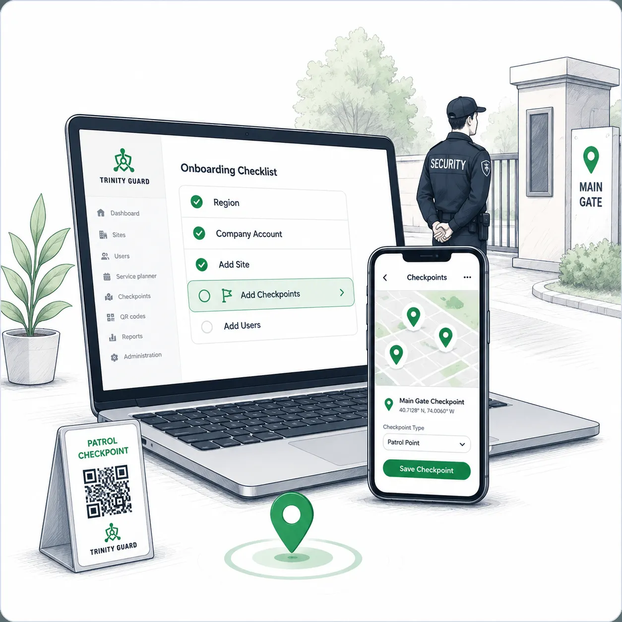 How to add checkpoints in Trinity Guard® setup guide hero image showing the Add Checkpoints onboarding step, checkpoint map pins, QR patrol checkpoint sign, and a security guard at a main gate.