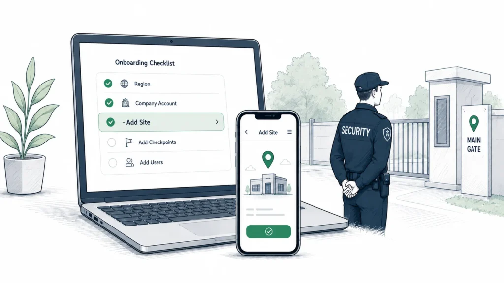 Hand-drawn Trinity Guard onboarding illustration showing the Add Site setup step on a laptop, a mobile site screen, and a security guard at a main gate.