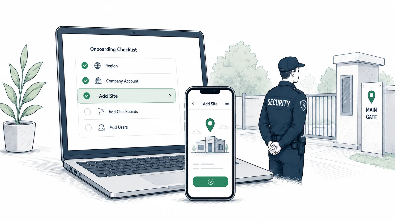 Trinity Guard onboarding panel with Add Site selected, showing the Add site form for creating the first guarded site.