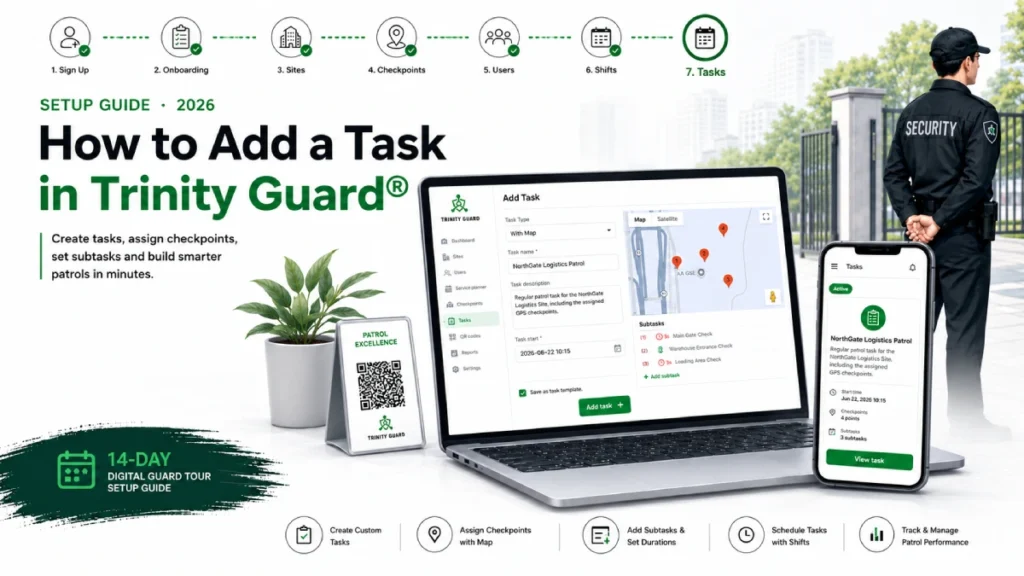 How to Add a Task in Trinity Guard® hero image with task setup, assigned checkpoints, subtasks, mobile task preview, and security guard patrol context.