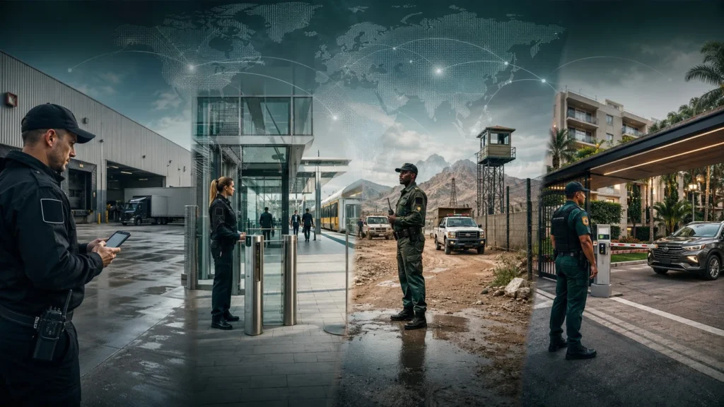 Manned guarding methods compared across the USA, Europe, Africa and South America — four security guarding environments with a global network overlay