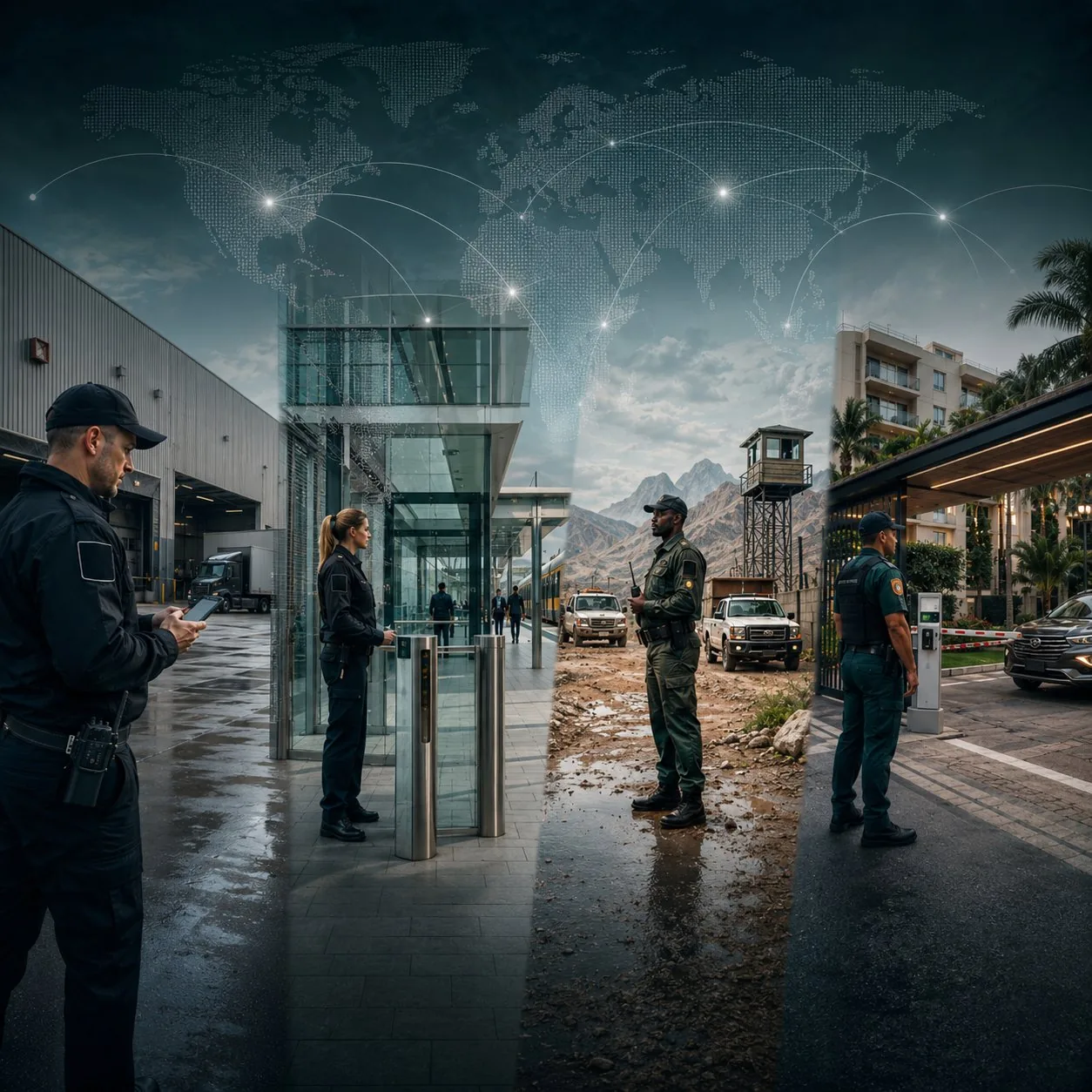 Manned guarding methods compared across the USA, Europe, Africa and South America — four security guarding environments with a global network overlay