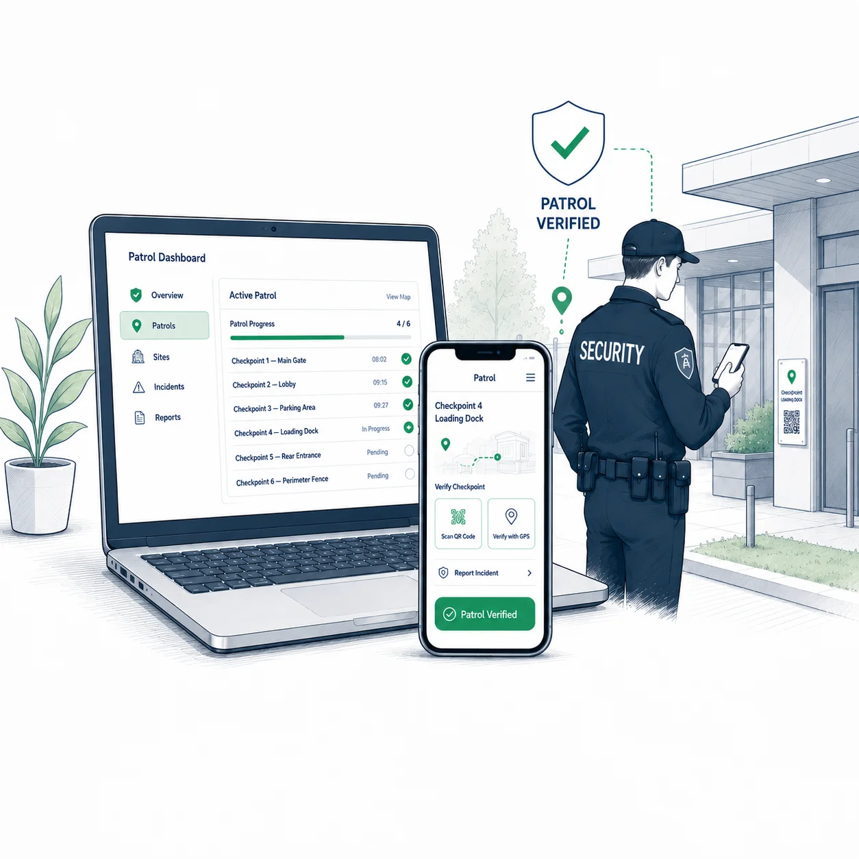 Security guard scanning a QR checkpoint with the Digital Guard Tour app while the patrol dashboard shows verified GPS checkpoints