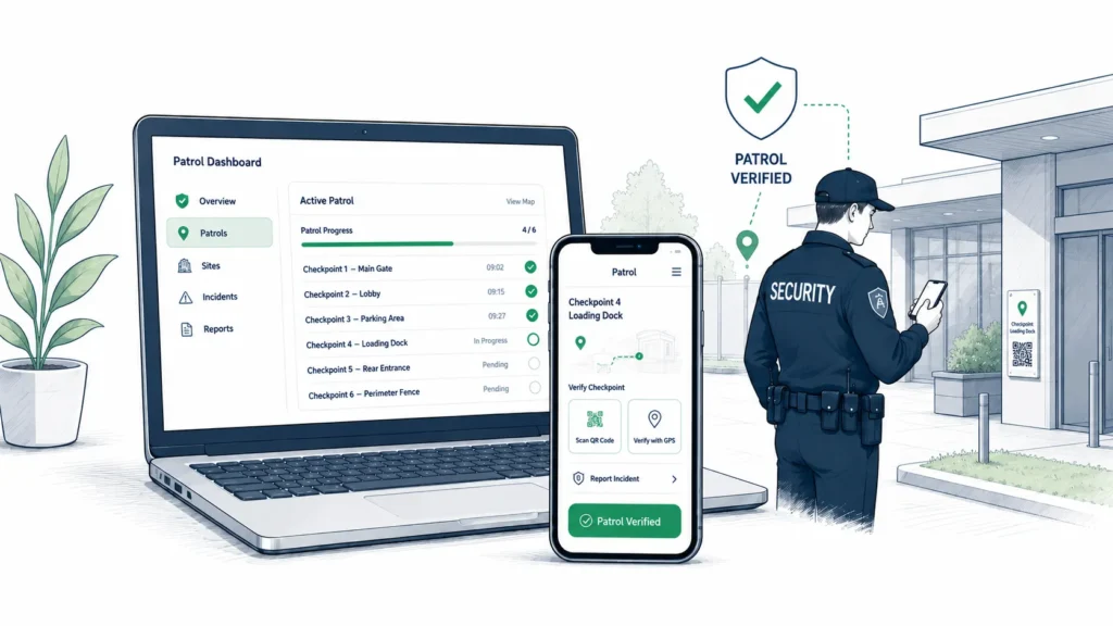 Digital Guard Tour security guard app and patrol dashboard verifying checkpoints by GPS and QR as a security officer completes a round