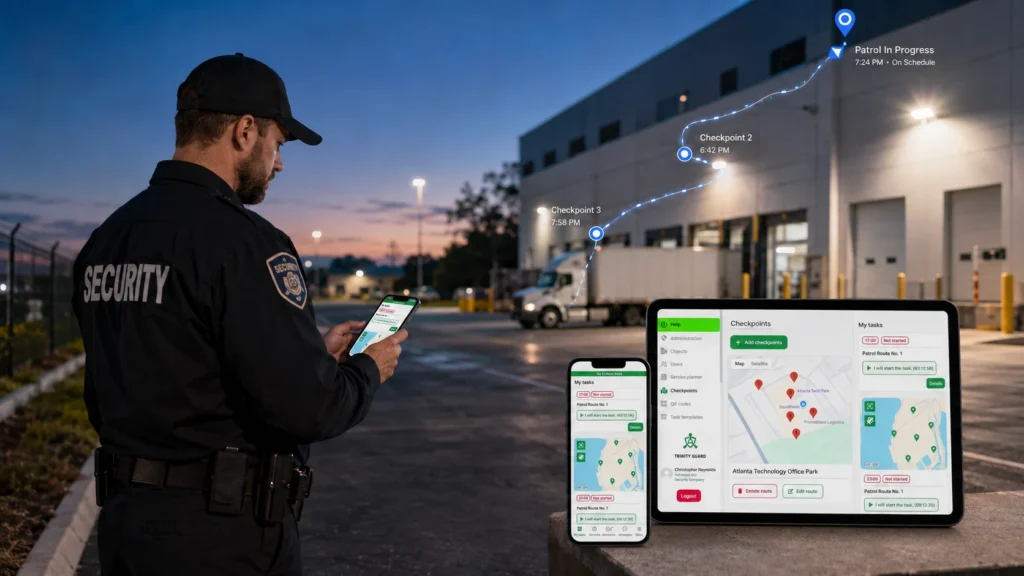 Security guard using a mobile patrol app at an industrial site with GPS route tracking, checkpoint verification and Trinity Guard dashboard screens