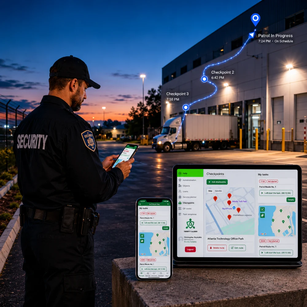 Security guard using a mobile patrol app at an industrial site with GPS route tracking, checkpoint verification and Trinity Guard dashboard screens