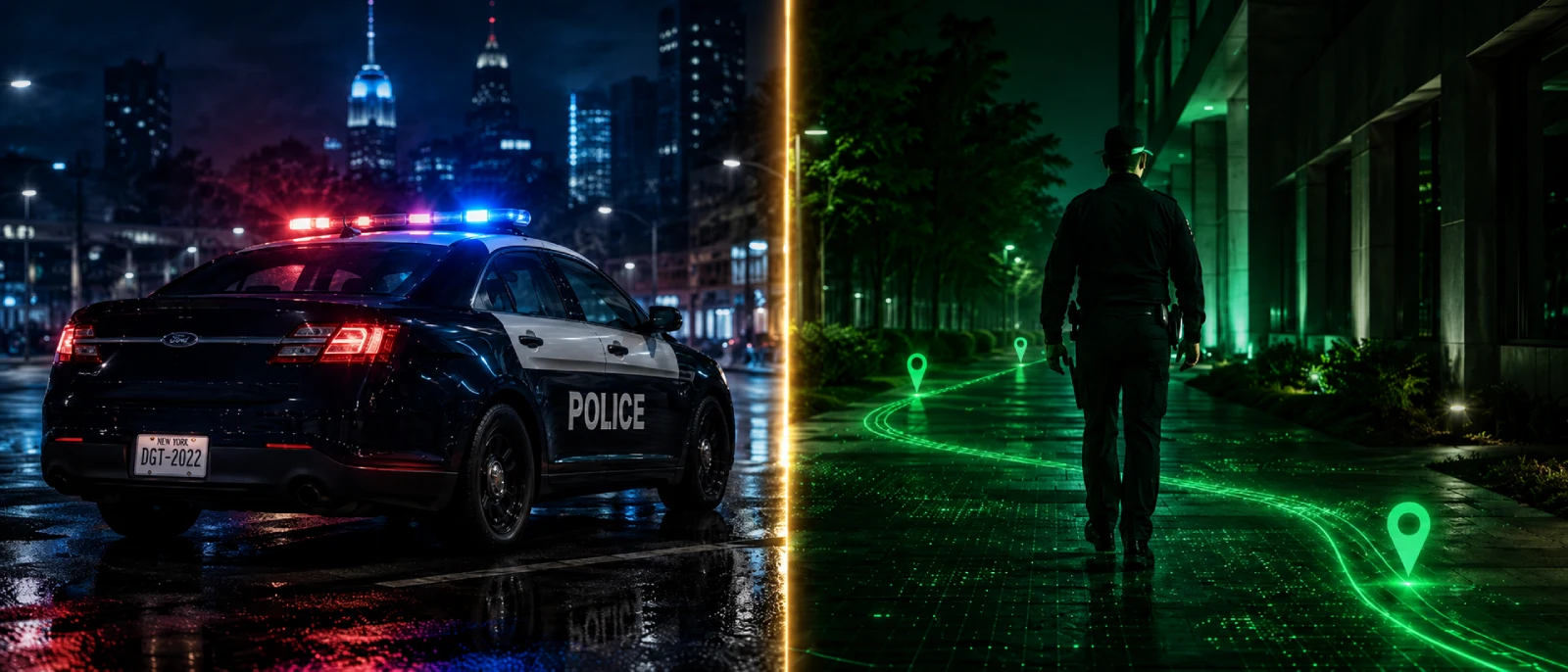Law enforcement and private security shown as two connected professional worlds at night