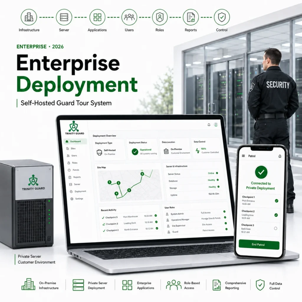 Enterprise self-hosted guard tour system dashboard showing on-premise deployment with patrol data kept under customer control on a private server