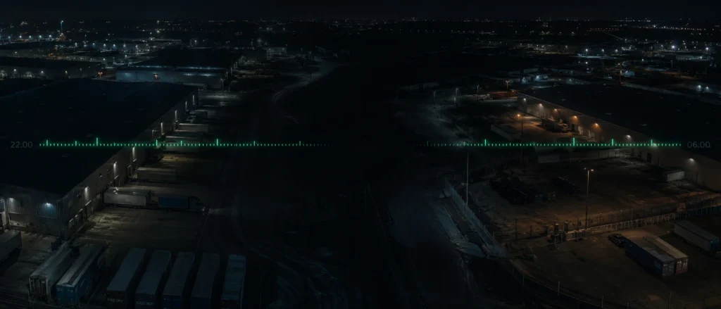 Guard patrol analytics timeline showing verified checkpoint events and a coverage gap across a night shift at an industrial site