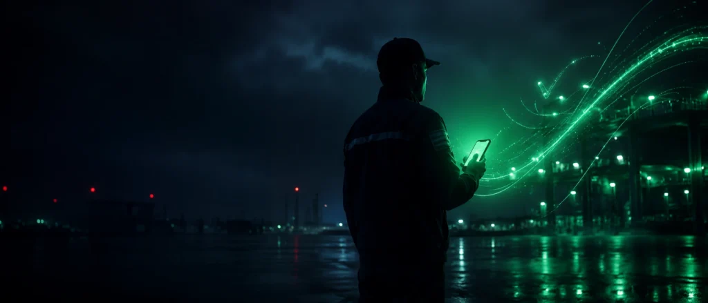 Security guard at night holding a smartphone that emits green data streams toward an industrial site, symbolizing patrol data that recognizes strong guard performance while faint red alerts remain in the background