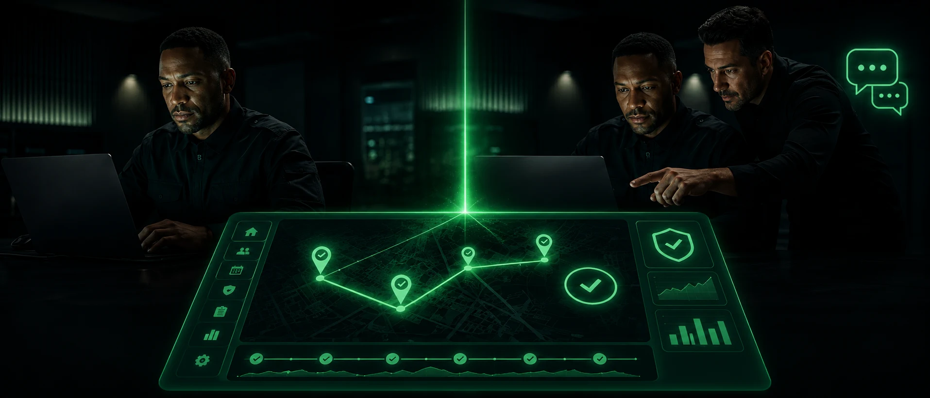 Security manager setting up a guard tour system alone while another receives guided onboarding, both ending in a verified patrol dashboard