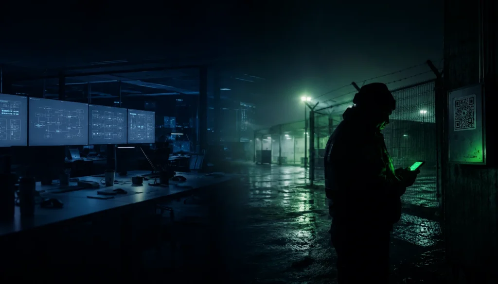 Office-built vs field-tested guard tour system software illustrated with a software office and a security guard on patrol