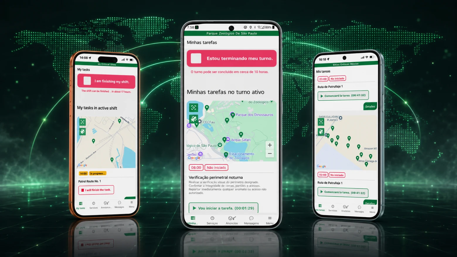 Trinity Guard app shown on three phones in English, Mexican Spanish, and Brazilian Portuguese, floating over a glowing world map