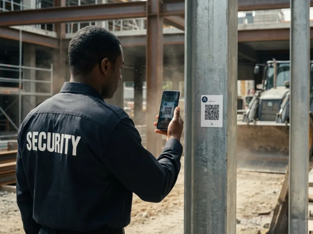 Security guard scanning a QR checkpoint at a construction site to create documented patrol records for insurance claim defense.