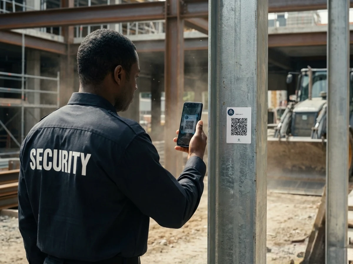 Security guard scanning a QR patrol checkpoint at a construction site for documented patrol logs and insurance claim proof