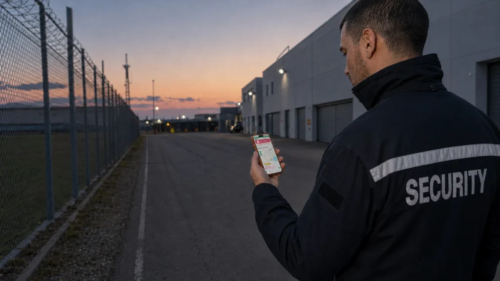 Security guard reviewing a GPS patrol route on the Trinity Guard app at an industrial site with weak mobile signal.