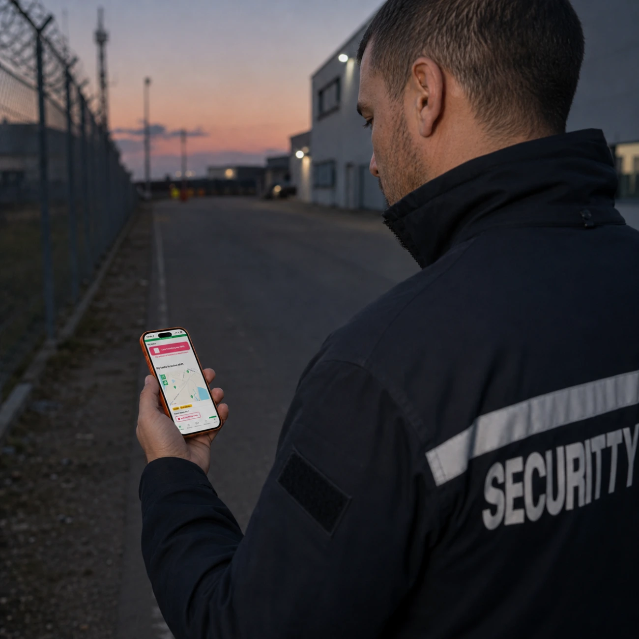 Security guard checking the Trinity Guard app during GPS patrol verification in an offline guard tour system.