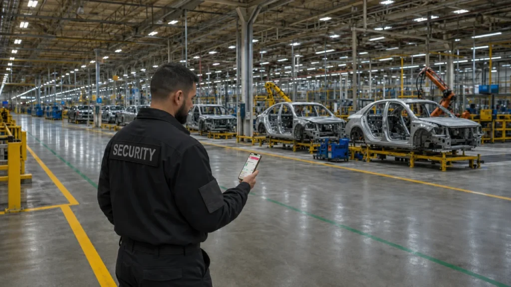 Security guard using the Trinity Guard app for indoor patrol verification inside a large automotive manufacturing hall.